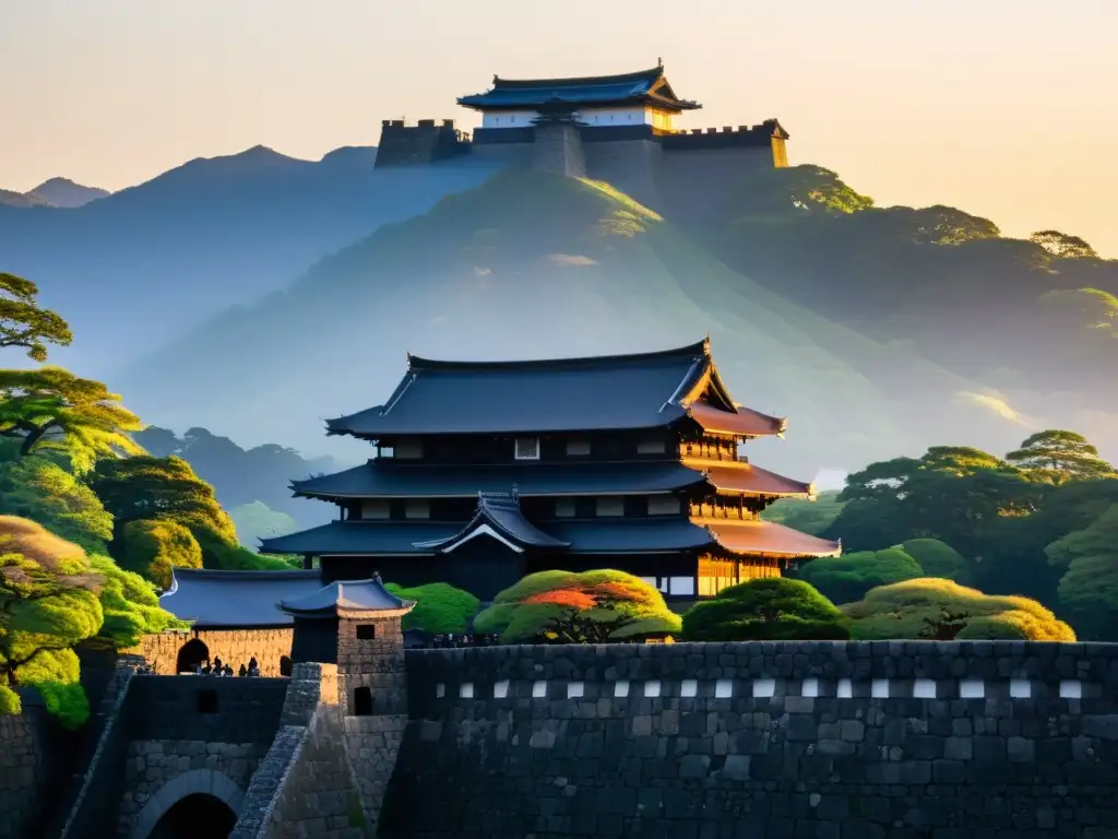 La majestuosa silueta del Castillo de Kumamoto se destaca contra un cielo vibrante al atardecer, rodeado de exuberante vegetación