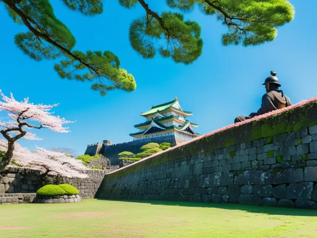 La majestuosidad de Kagoshima Castle, con sus ruinas cubiertas de musgo verde y un samurái de piedra vigilante