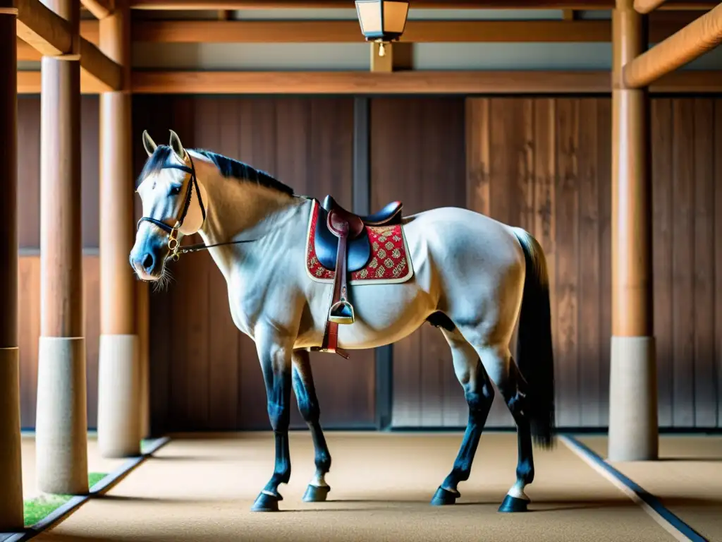 Un majestuoso caballo Akhal-Teke en un establo japonés con armadura samurái