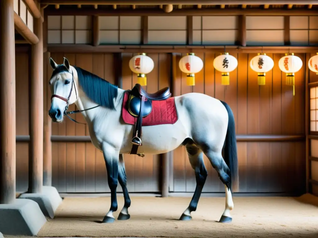 Un majestuoso caballo Akhal-Teke en un establo japonés, un samurái acaricia su cuello