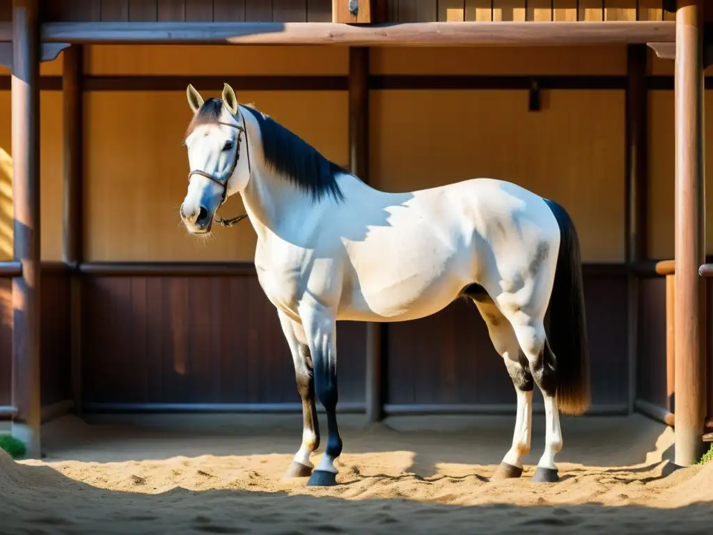 Un majestuoso caballo Akhal-Teke en un establo samurái, iluminado por una suave luz dorada