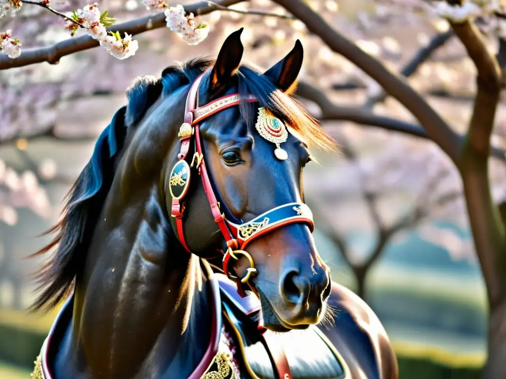 Un majestuoso caballo negro, bellamente embellecido con armadura samurái, se erige con gracia bajo los cerezos en flor