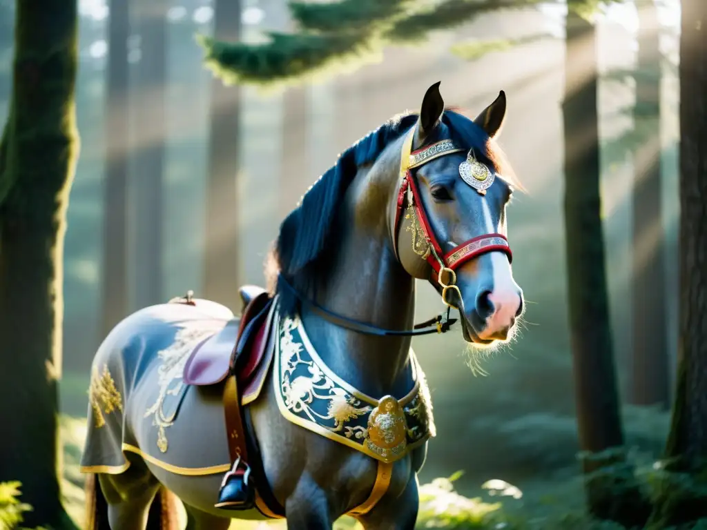 Un majestuoso caballo samurái con armadura en un bosque neblinoso, reflejando la nobleza y lealtad de los anécdotas célebres samuráis animales