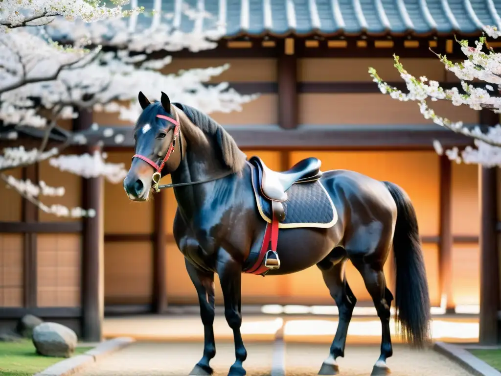 Un majestuoso caballo samurái negro en un establo japonés, rodeado de cerezos en flor