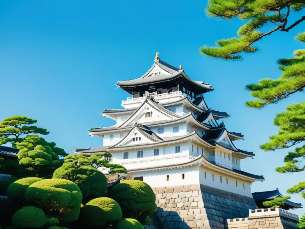 'El majestuoso Castillo Himeji se alza contra un cielo azul, rodeado de exuberantes jardines