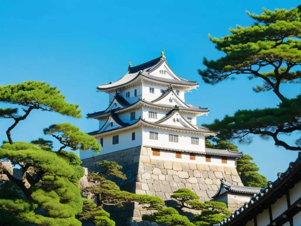 El majestuoso Castillo de Himeji, conocido como el Castillo del Garza Blanca, destaca contra un cielo azul claro