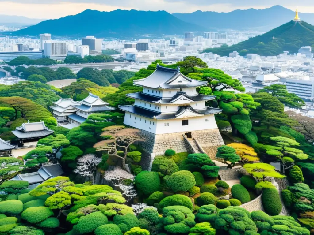 El majestuoso Castillo de Himeji y su icónico tenshu se alzan sobre las paredes y edificaciones circundantes