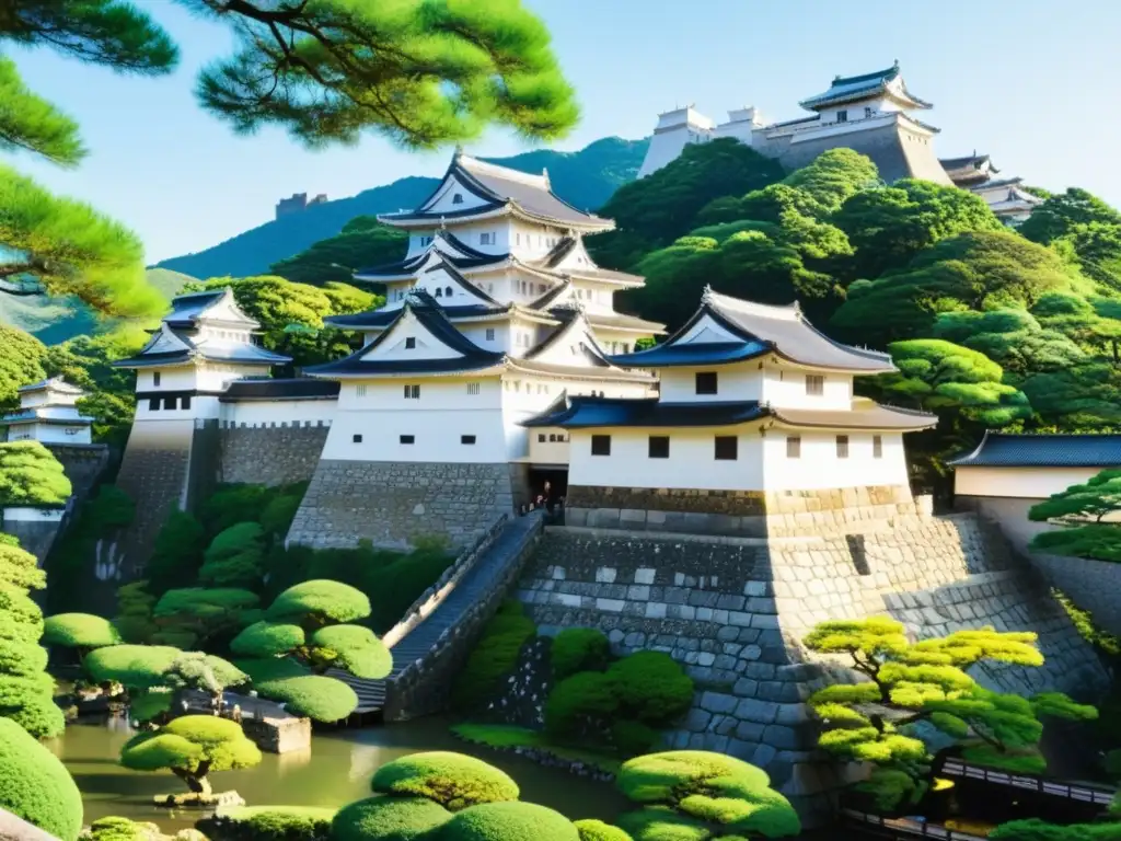 El majestuoso Castillo de Himeji, rodeado de exuberante vegetación y un foso, muestra la importancia de los castillos samurái en el período Edo