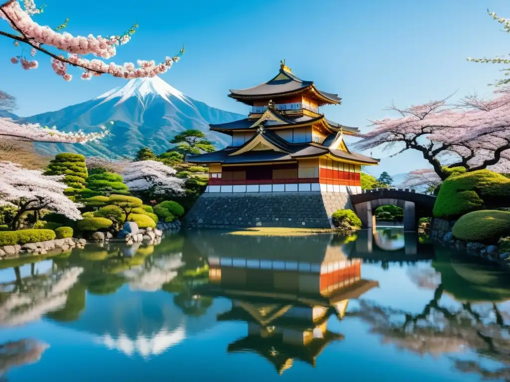 Un majestuoso castillo japonés rodeado de exuberantes jardines y naturaleza, en armonía con la vida cotidiana