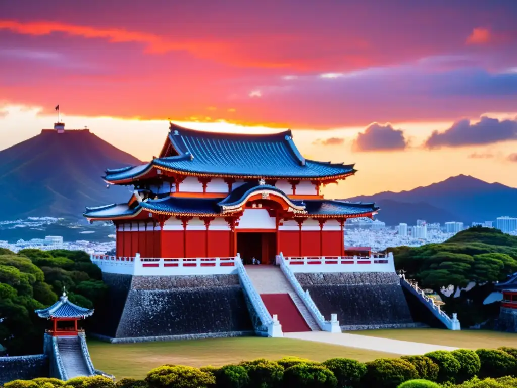 El majestuoso Castillo de Shuri en Okinawa, Japón, brilla bajo el cálido atardecer, reflejando el espíritu del Bushido en Okinawa