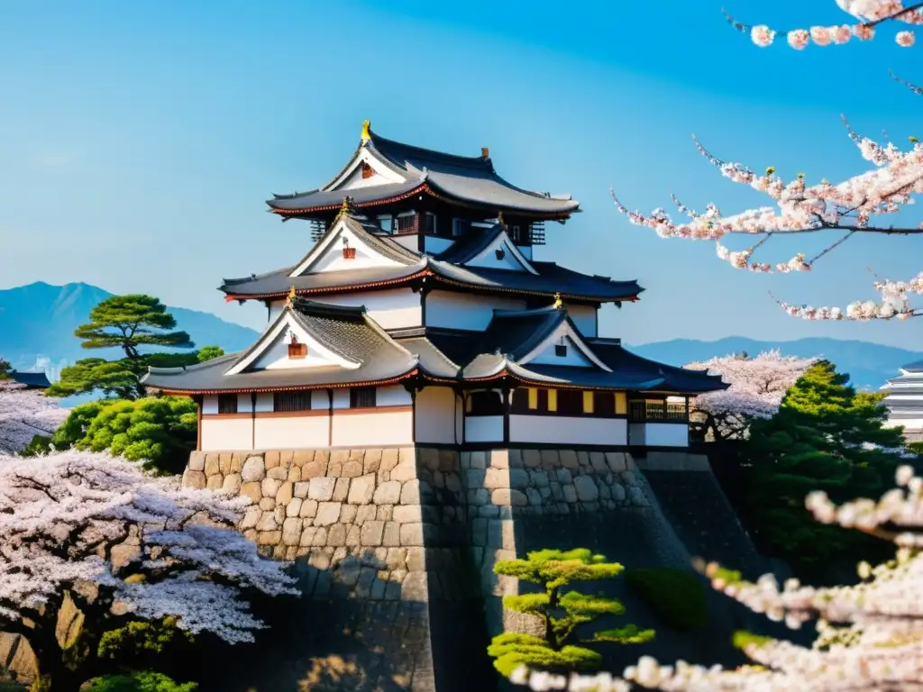 El majestuoso Castillo de Matsue se alza entre los vibrantes árboles de cerezo, capturando el legado samurái en Matsue con detalle y belleza