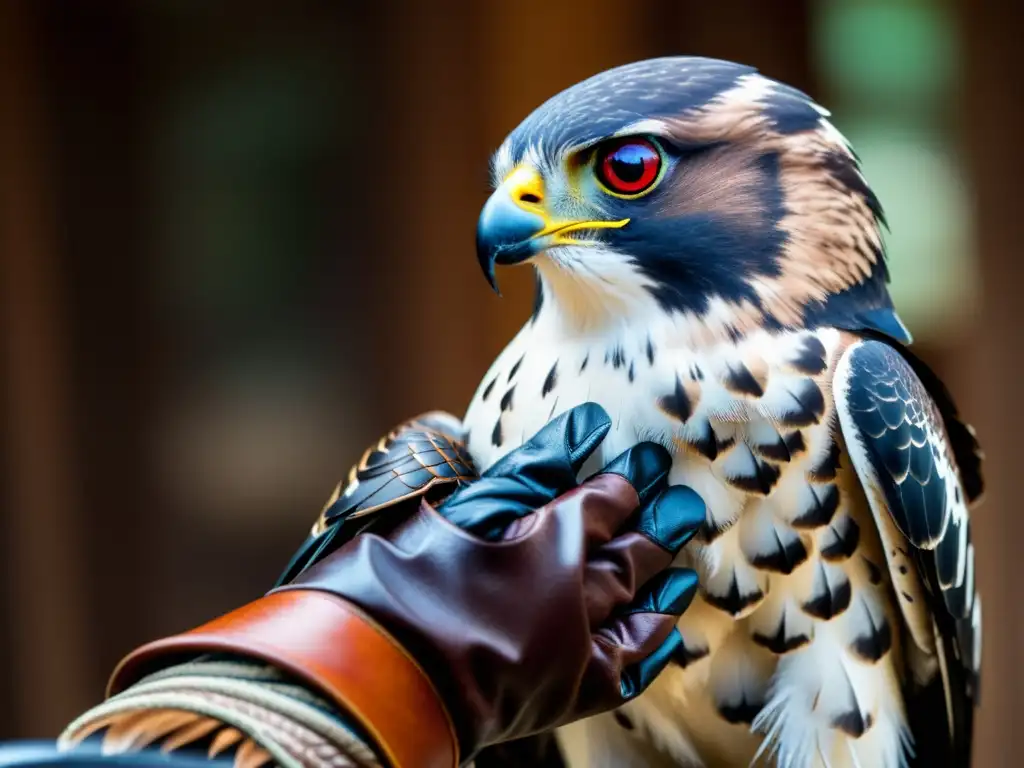 Un halcón majestuoso en la caza samurái, con su mirada feroz y las colinas de Japón de fondo