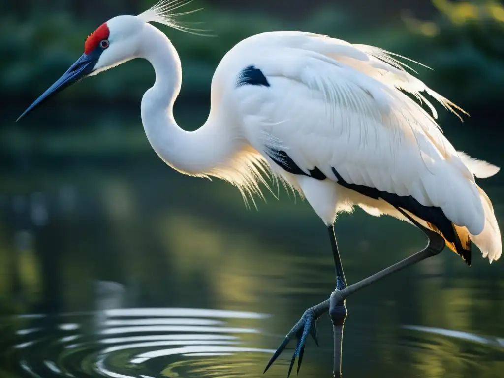 Un majestuoso grulla japonesa en un sereno estanque al amanecer, reflejando tranquilidad y gracia