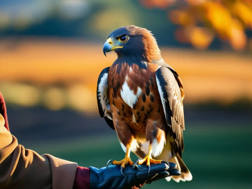 Un majestuoso halcón Harris japonés se posa en la mano enguantada de un samurái, mirando al horizonte con sabiduría ancestral