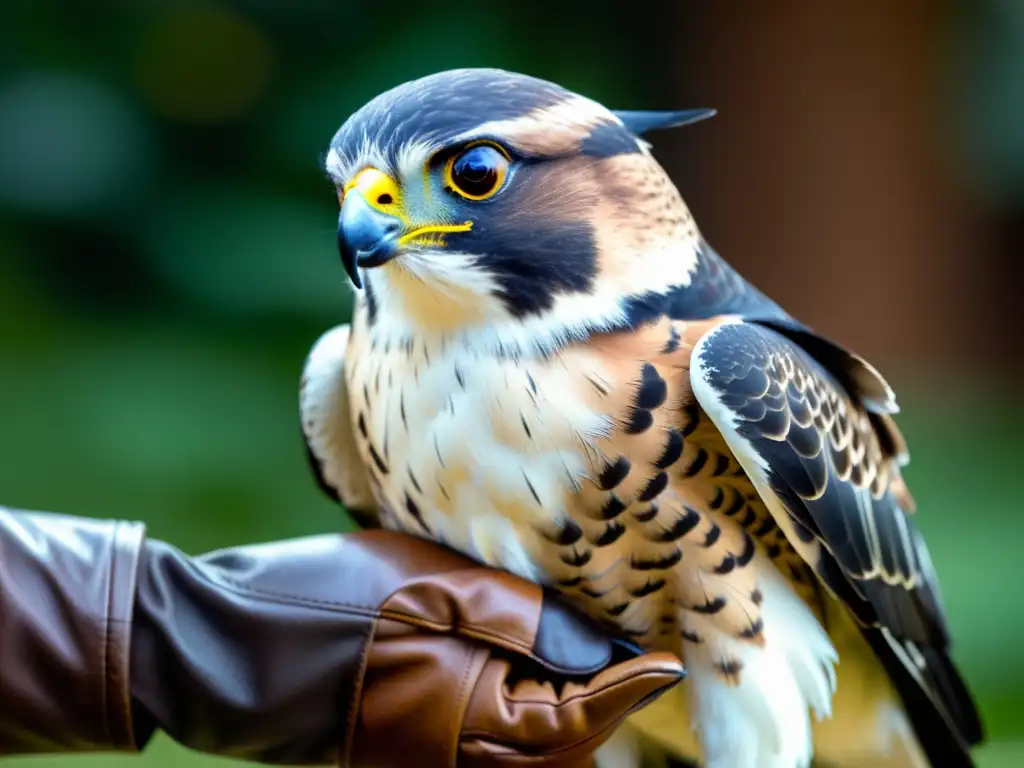 Un majestuoso halcón se posa con determinación en una mano enguantada, sus garras afiladas agarrando la piel con intensidad