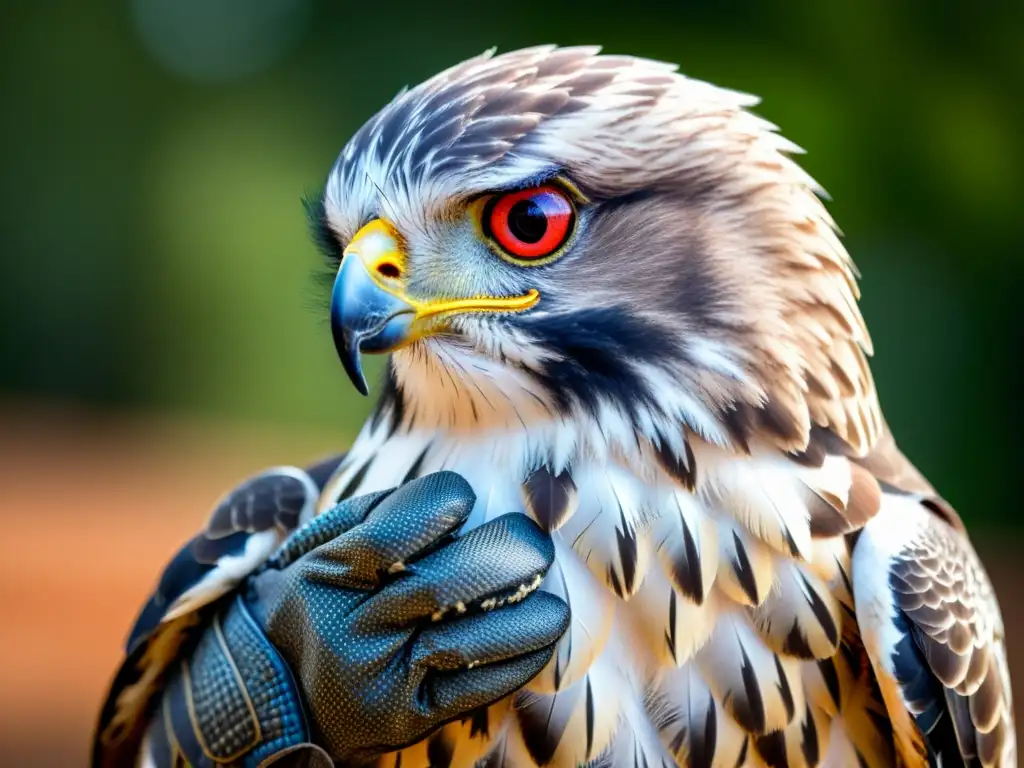 Un halcón majestuoso se posa en una mano enguantada, con sus ojos penetrantes fijos en la distancia