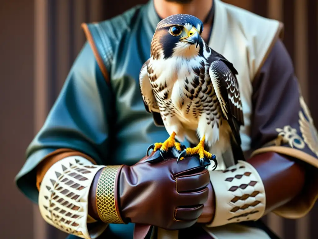 Un majestuoso halcón en la mano enguantada de un samurái, evocando tradición y armonía