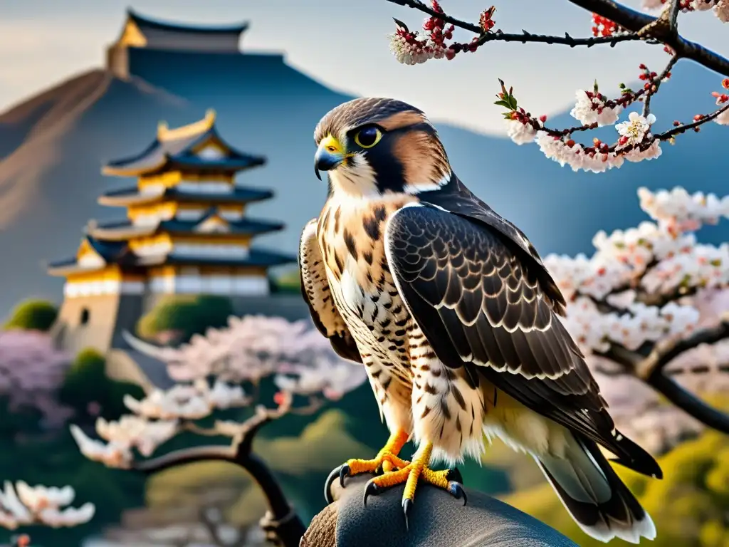 Un majestuoso halcón, símbolo de poder samurái, posado en la mano enguantada de un guerrero, con un paisaje japonés de fondo