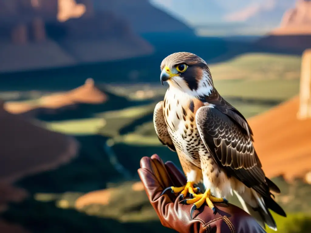 Un majestuoso halcón posado en un guante de cuero, sus afiladas garras y plumas reluciendo al sol