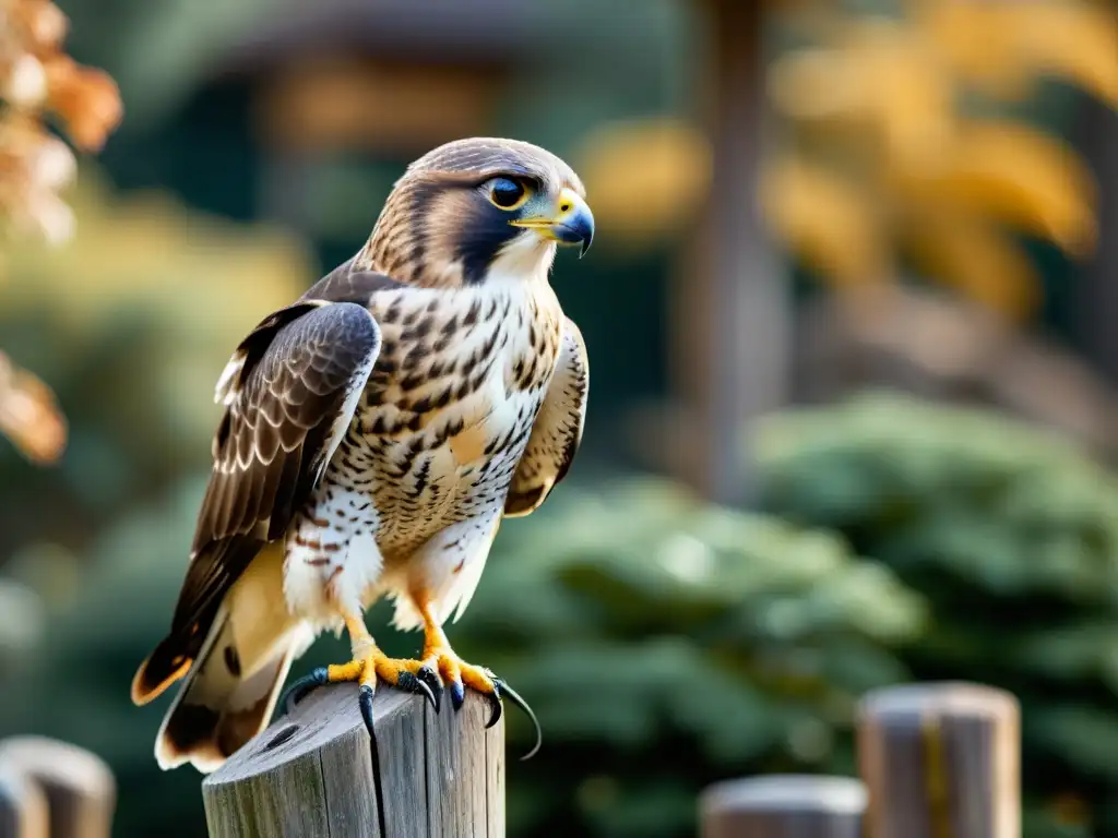 Un majestuoso halcón en un poste de madera, con detalladas plumas marrones y doradas, fijando su mirada en un objetivo lejano