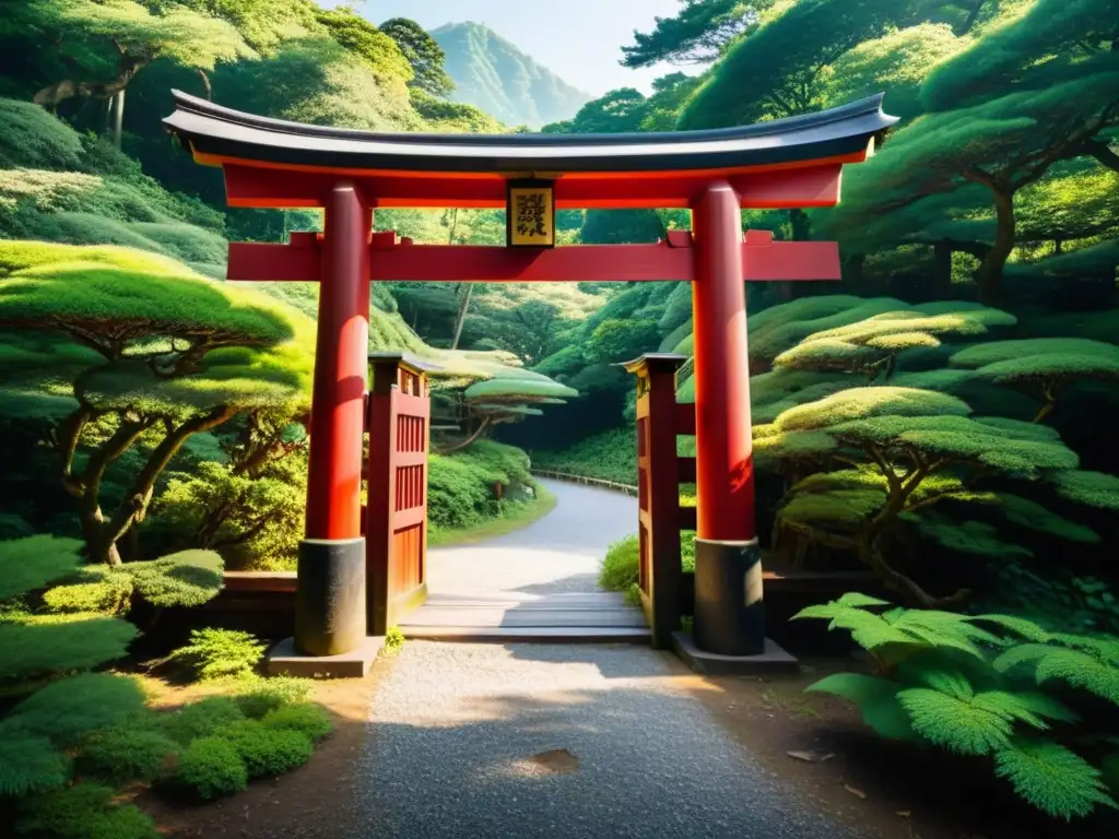 Un majestuoso torii japonés en un paisaje exuberante invita a explorar las Rutas de peregrinación samurái