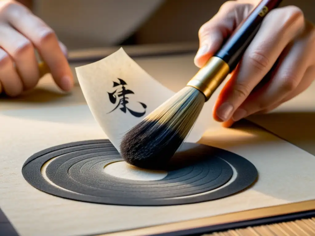 Mano de calígrafo japonés sosteniendo pincel sobre papel washi, reflejando concentración y maestría en caligrafía japonesa y filosofía samurái