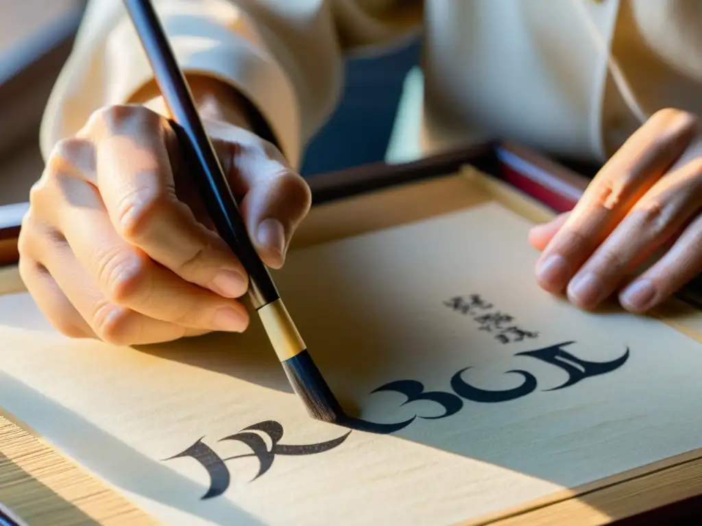 Mano experta escribe caracteres japoneses con pincel tradicional en papel de arroz, evocando el arte samurái y la experiencia inmersiva en Japón