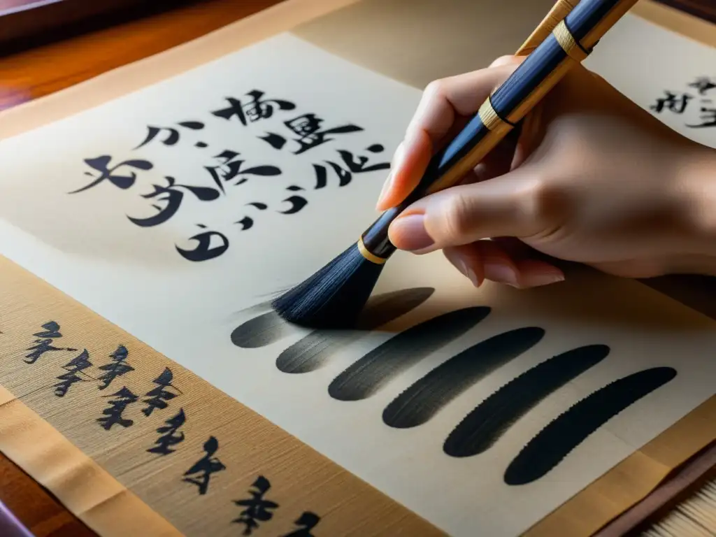 'Una mano femenina experta en la caligrafía japonesa con un pincel tradicional, mujer escritora en la era samurái'