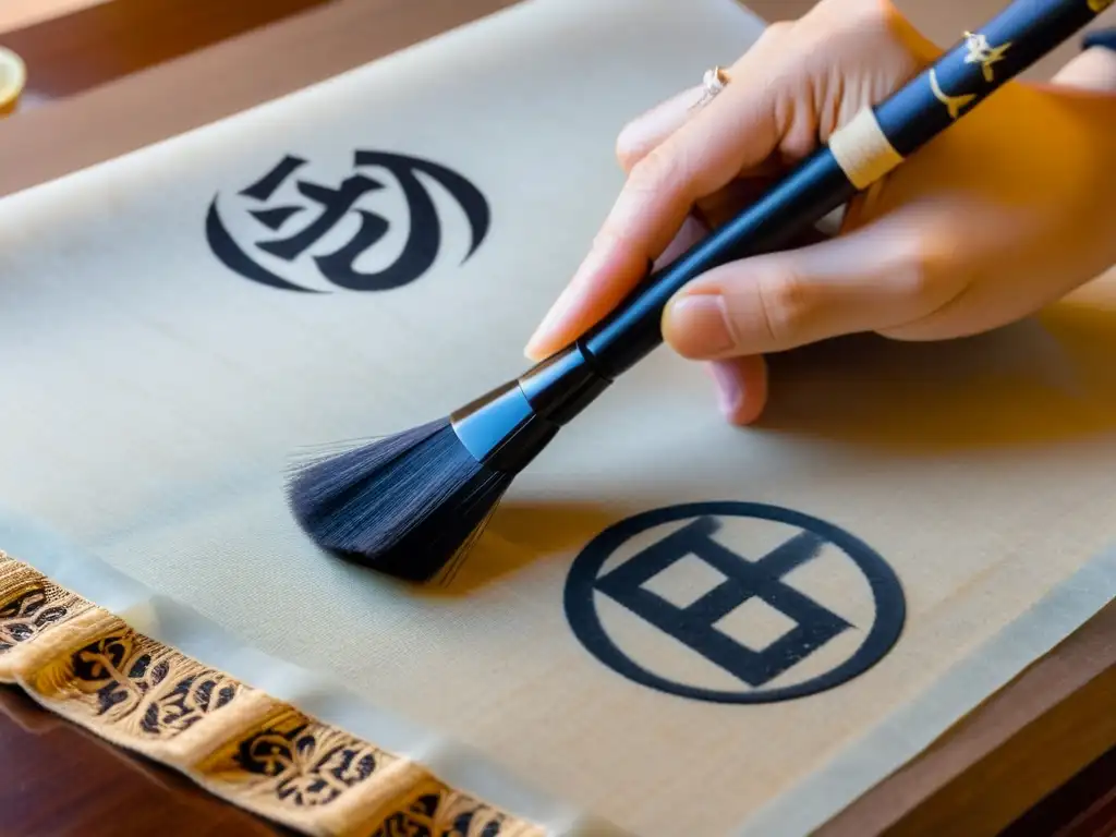 Mano firme prepara pincel de caligrafía sobre papel de arroz, con luz suave y sombras