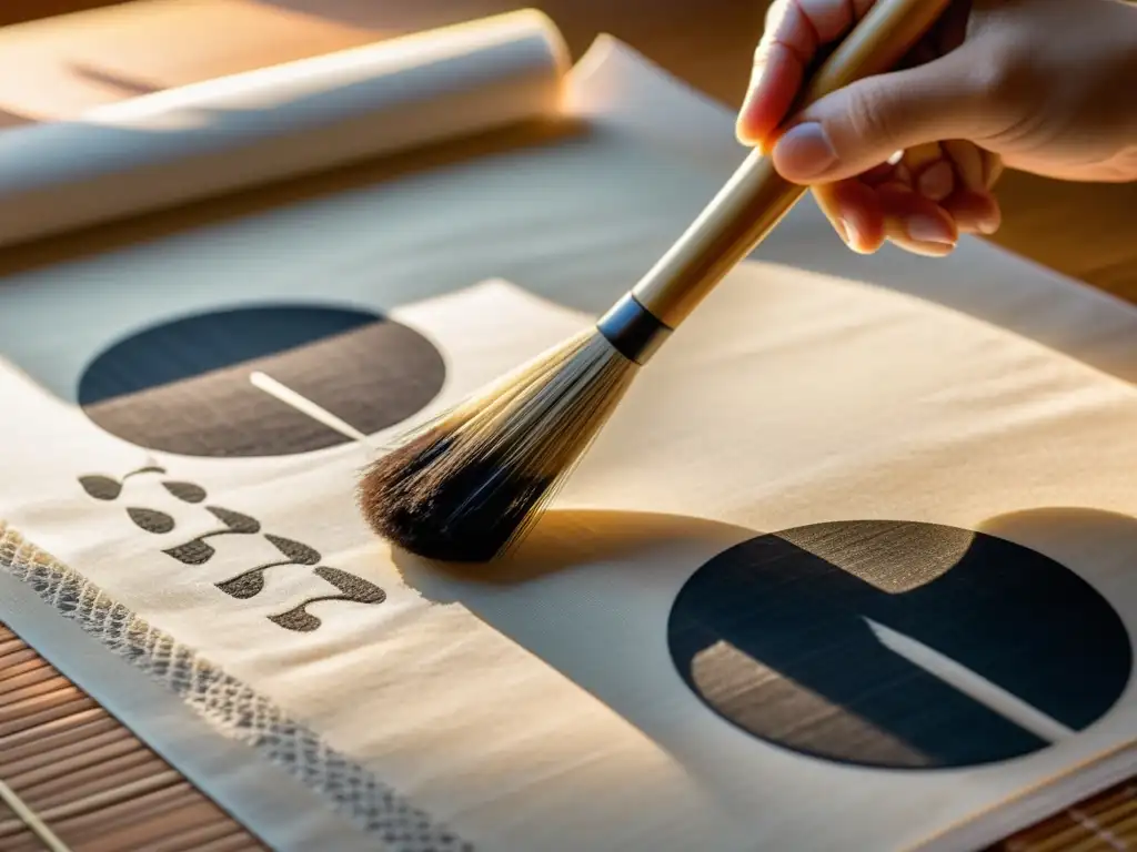 Una mano con kimono sostiene un pincel de caligrafía sobre papel de arroz en una atmósfera serena