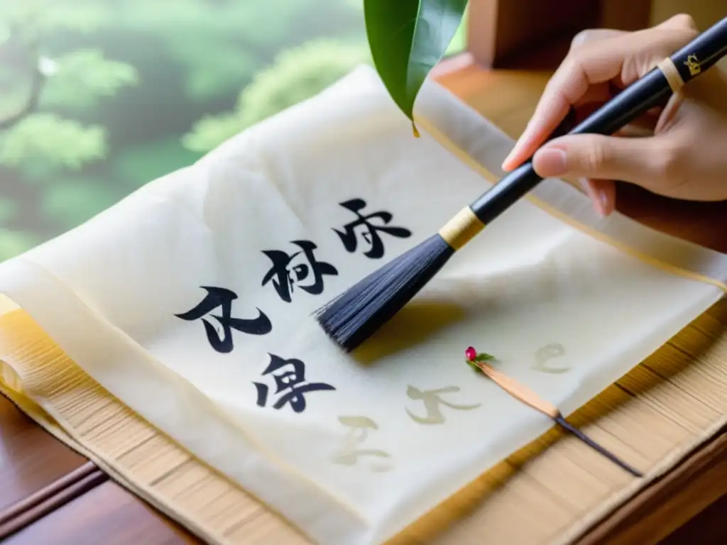 Mano en kimono sostiene pincel japonés sobre papel de arroz en jardín, creando kanji