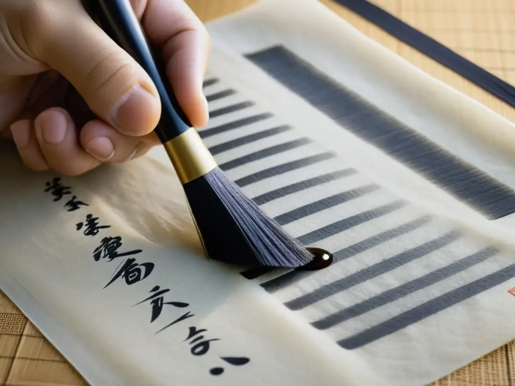 Mano de calígrafo samurái creando poema haiku en papel de arroz, destacando prácticas literarias para la mente samurái