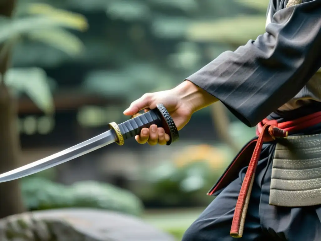 Mano de samurái empuñando una katana, con jardín japonés de fondo