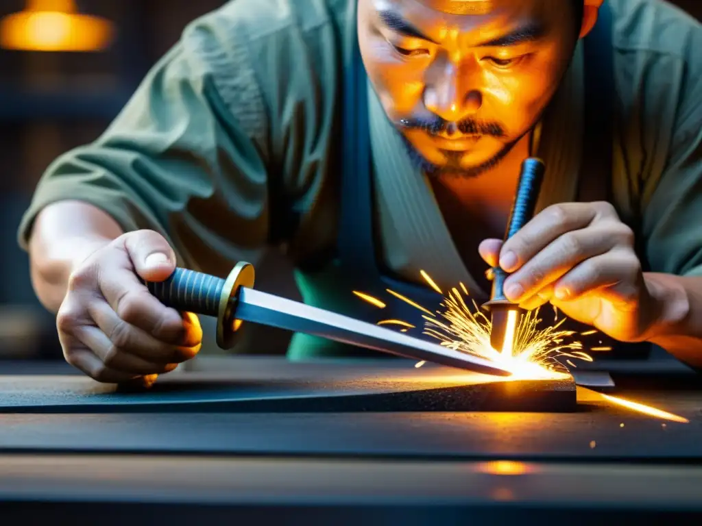 Manos expertas crean joyería inspirada en espadas samuráis, forjando con precisión en un taller tenue, con metal fundido y chispas volando