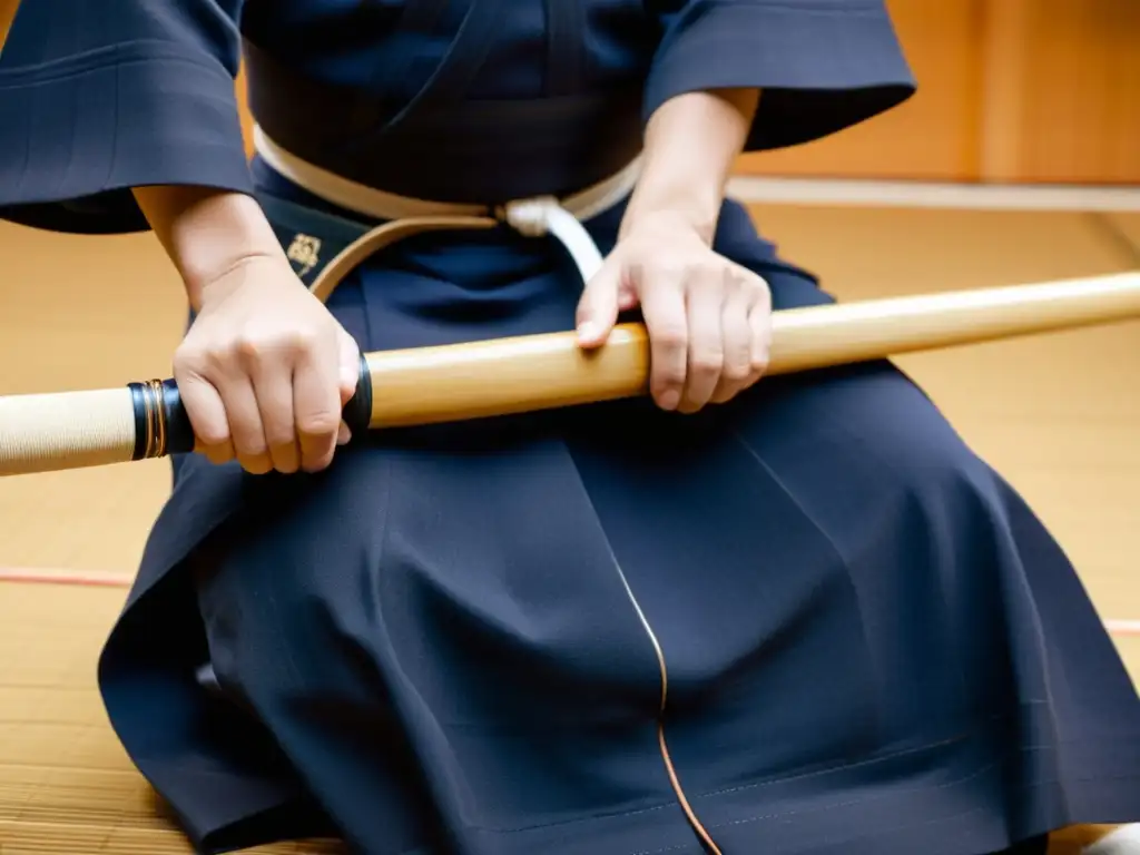 Las manos de un practicante de kendo ajustan el agarre en su shinai, reflejando la concentración y disciplina en el arte del kendo samurái