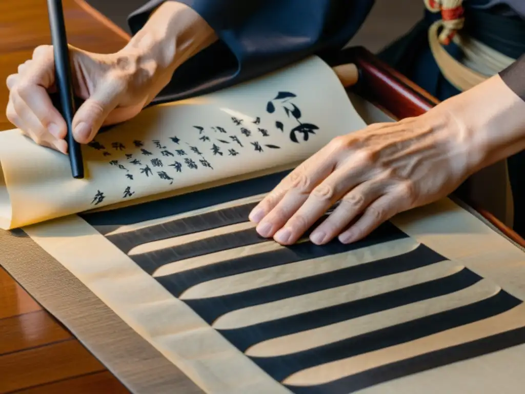 Manos sabias abren pergamino con enseñanzas inspiradoras de samuráis en dojo japonés