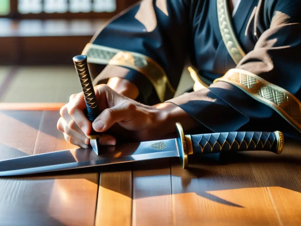 Las manos de un samurái equilibran con cuidado una katana en una mesa de madera