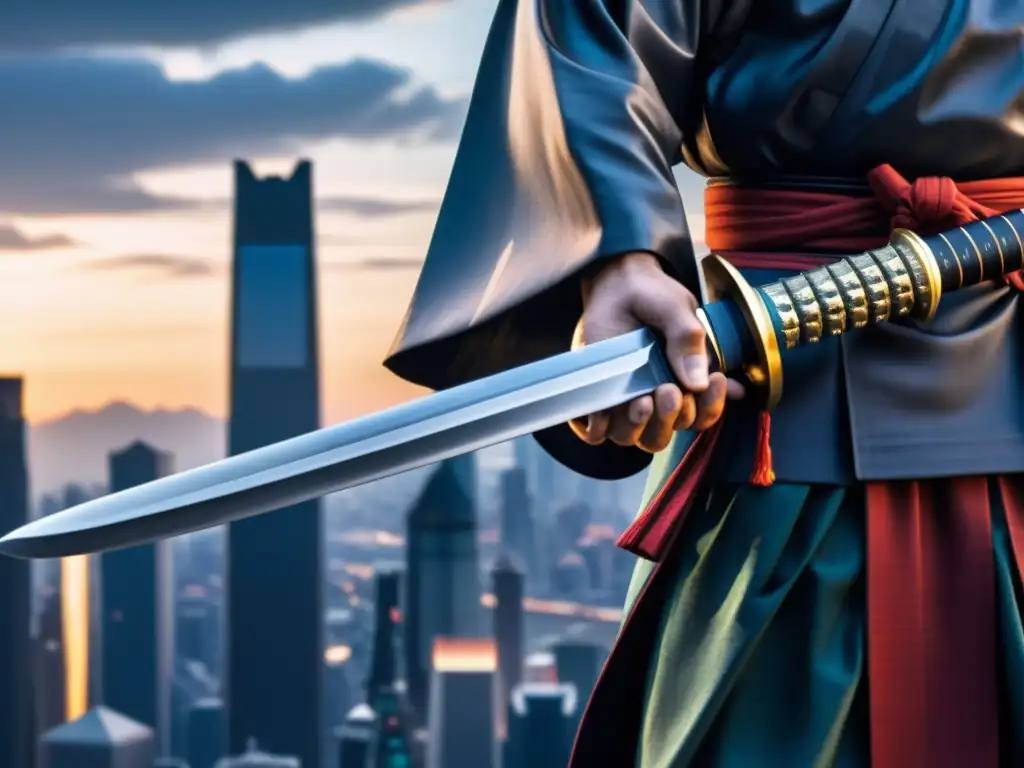 Las manos de un samurái empuñan una katana, reflejando la fusión de la cultura samurái y la ciencia ficción