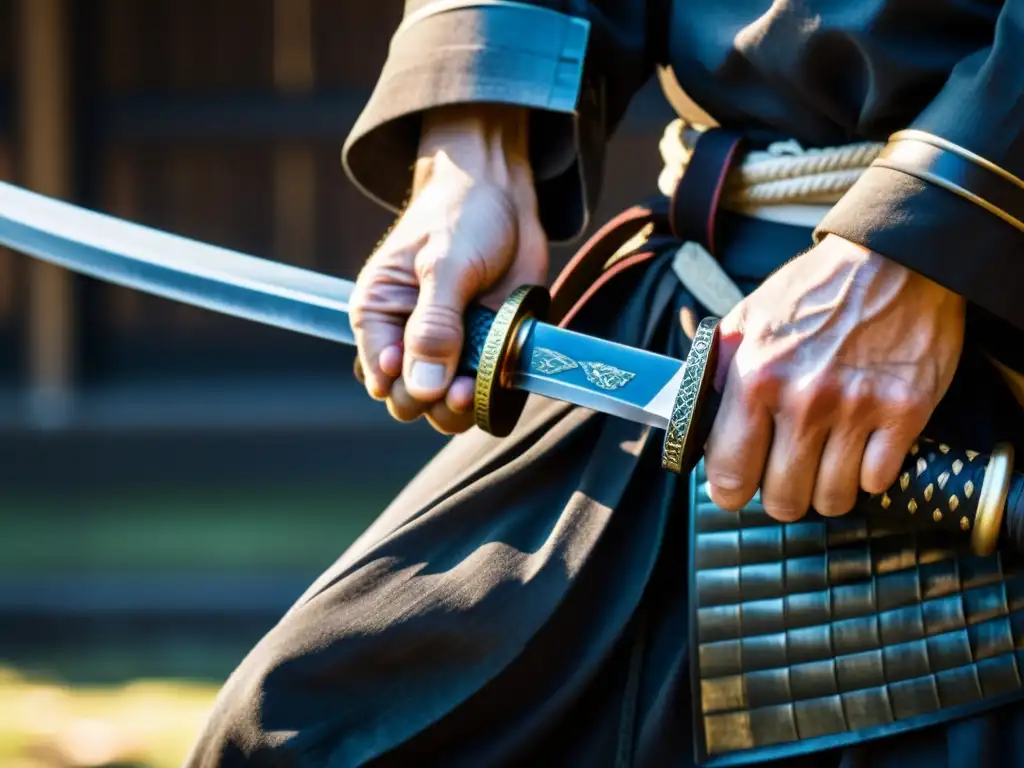 Manos del samurai firmando un katana, símbolos de fuerza y honor