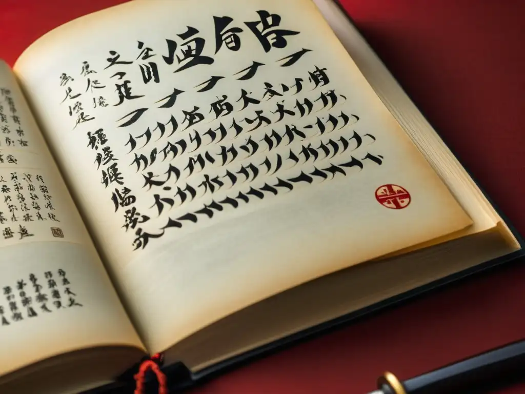 Manuales de entrenamiento samurái literatura: Antiguo manual de bushido iluminado por una lámpara japonesa, revelando sabiduría ancestral de la espada