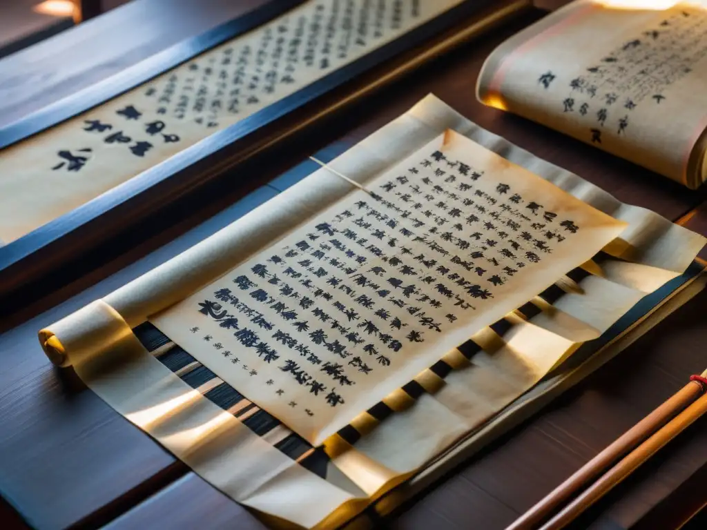 Manuscrito samurái antiguo en mesa lacada, con caligrafía delicada