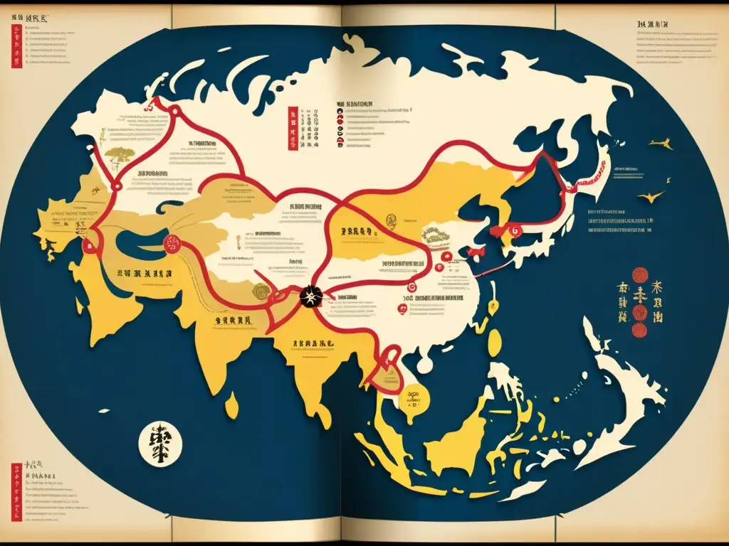 Mapa detallado ilustrando las complejas relaciones internas clave del Shogunato, con caligrafía y dibujos japoneses tradicionales