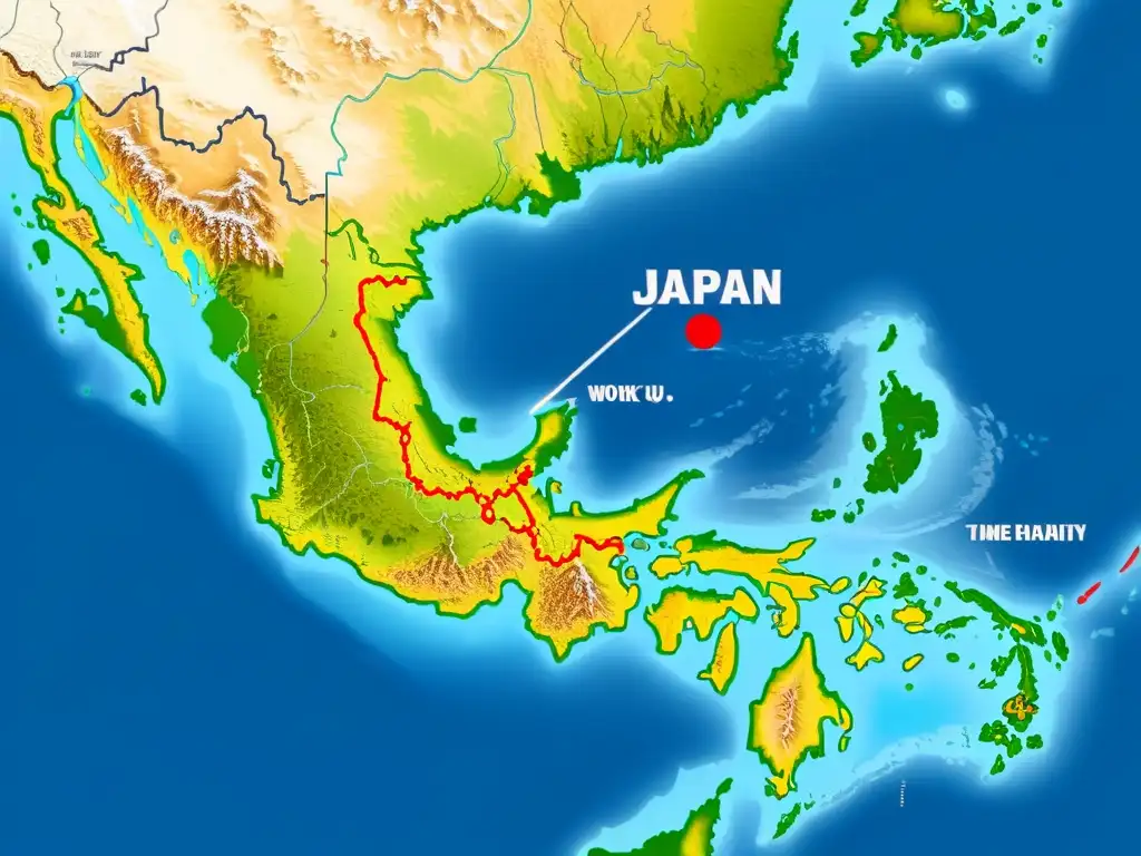 Mapa detallado de Japón y regiones circundantes con rutas comerciales destacadas y zonas afectadas por incursiones Wokou