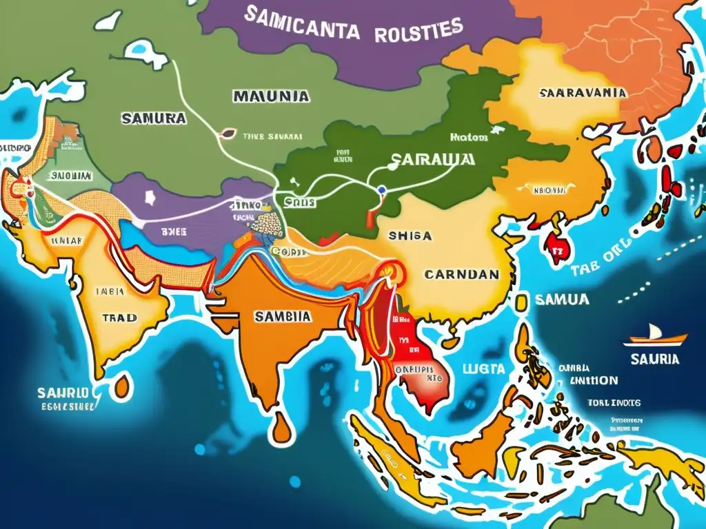 Mapa detallado de rutas comerciales antiguas en Asia, con colores vibrantes que muestran el flujo de bienes y conexiones entre regiones