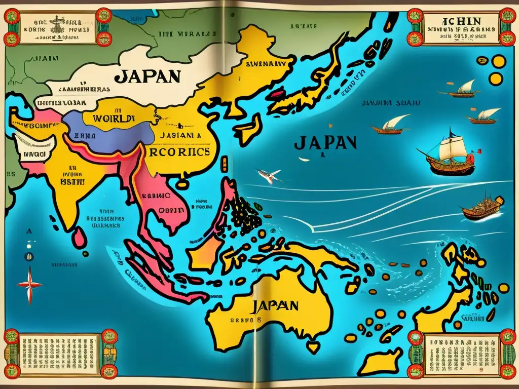 Mapa detallado del siglo XVI: intercambios comerciales samuráis América, rutas comerciales, barcos japoneses y guerreros samuráis