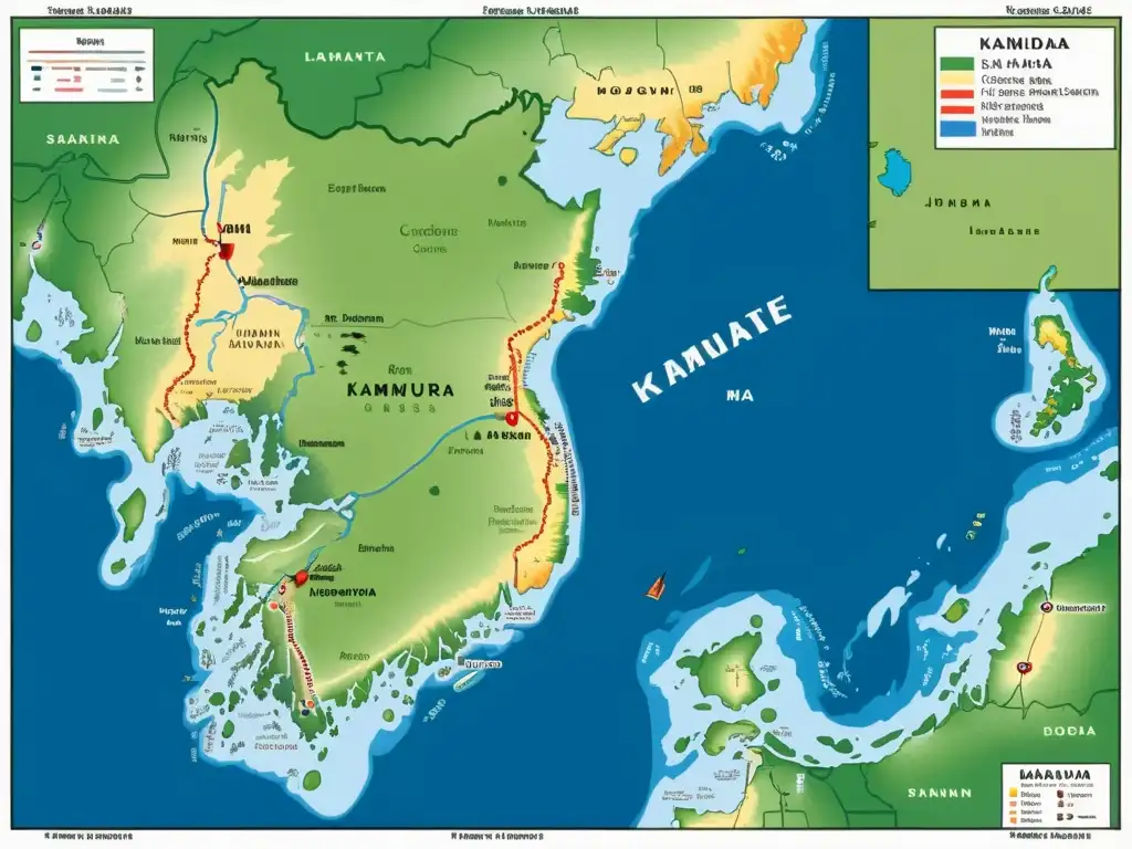 Mapa detallado del expansión territorial del primer shogunato samurái Kamakura, con fronteras, ciudades y paisajes ilustrados