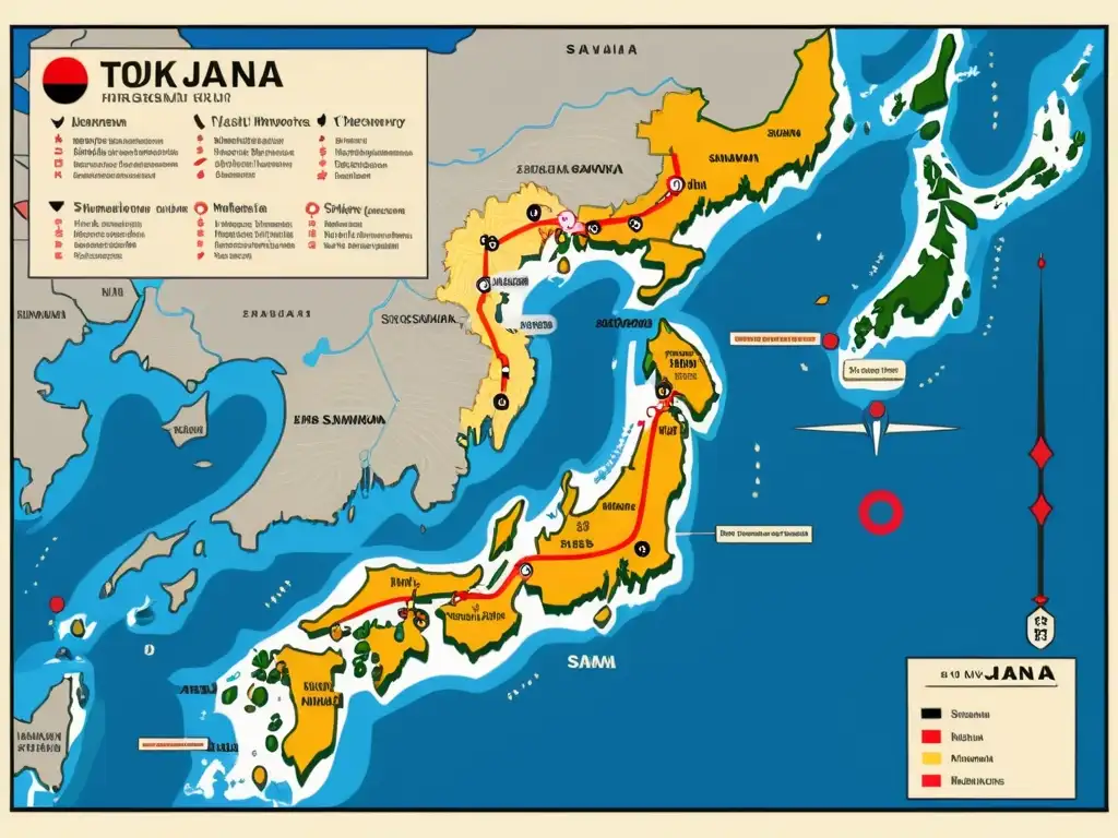 Mapa detallado del Japón durante la era Tokugawa, con estrategias de unificación lideradas por Tokugawa Ieyasu y samuráis en armadura