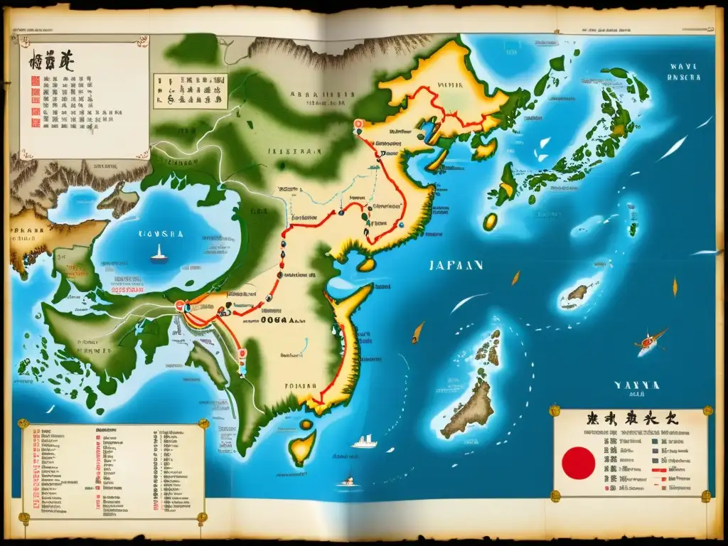 Mapa histórico detallado mostrando el impacto de los Wokou en Japón y China durante la dinastía Ming, con rutas marcadas y defensas costeras