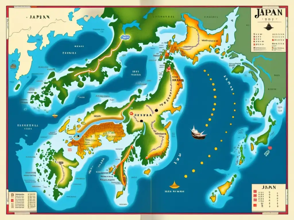 Mapa histórico detallado de Japón pre-Tokugawa, con estrategias de unificación de Japón de Ieyasu Tokugawa, dominios feudales y rutas comerciales