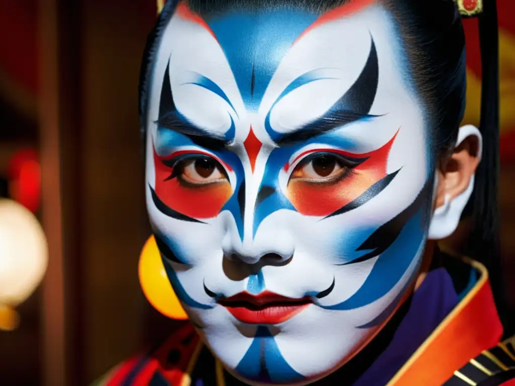 Maquillaje elaborado y colorido de actor de Kabuki, reflejando la intensidad y dramatismo del teatro tradicional japonés influencia samurái